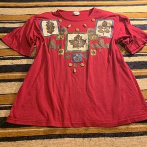 Vintage T-Shirt Tee Short Sleeve Cotton Leaf Fall 90s Applique Red Mom L/XL